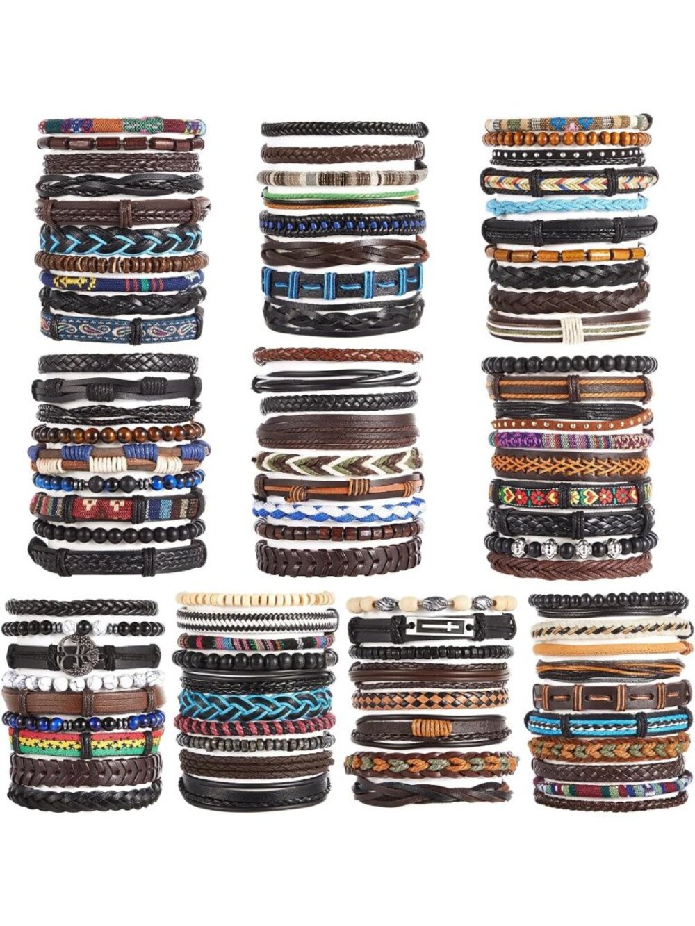 100PCS Handmade Braided Leather Bracelets Set for Men & Women - Adjustable